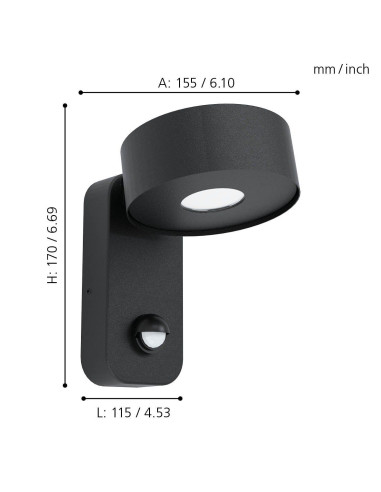 Aplique PALOSCO preto c/sensor Eglo